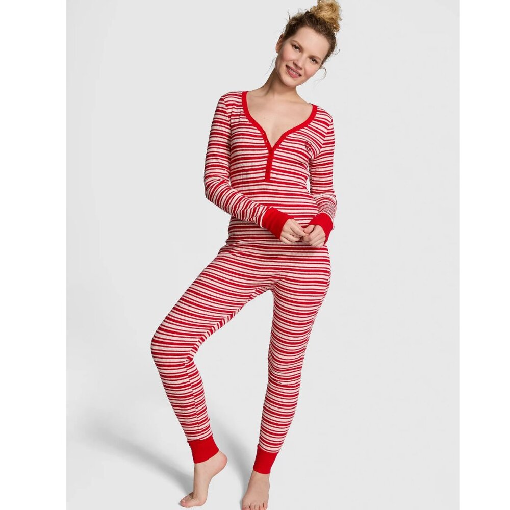 PINK Victoria's Secret Red Striped One Piece Thermal Onesie Pajama XXL NWT